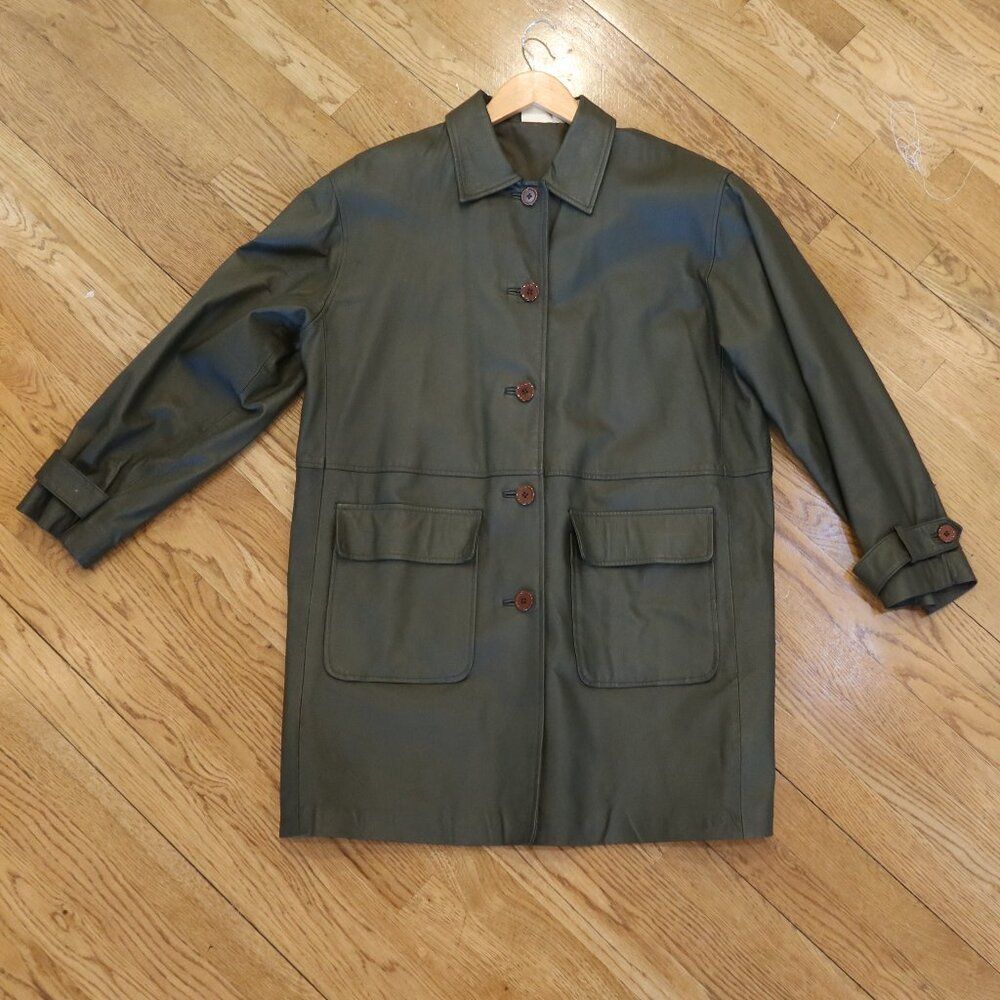 Newport womens genuine leather jacket green trench mid soft M classic chic work